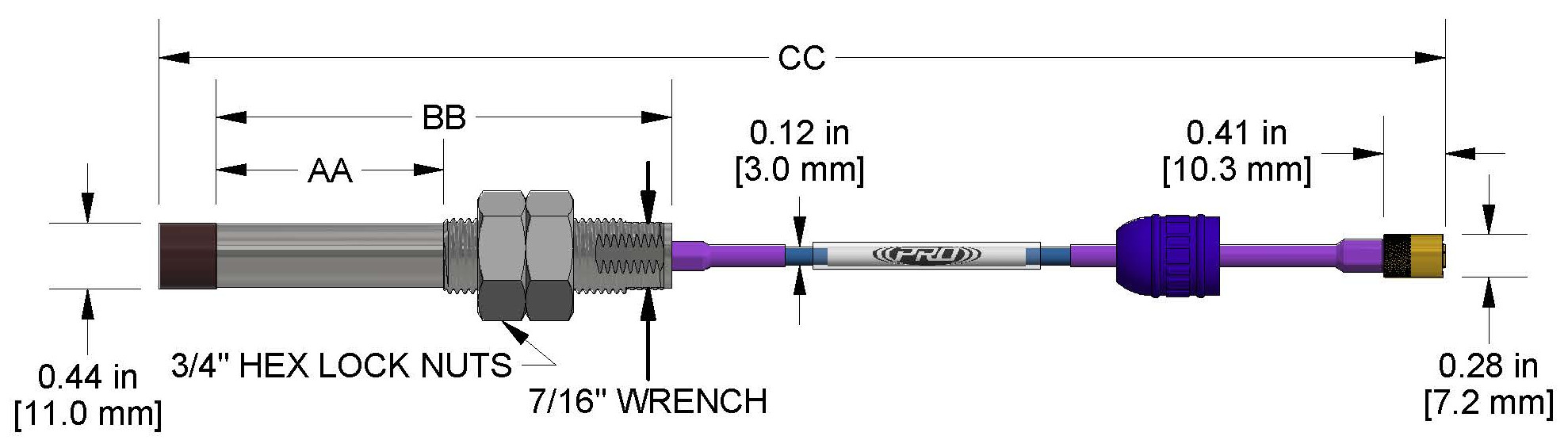 A dimension drawing of a Standard Mount CTC PRO Line Hazardous-Area Approved DP1007 proximity probe.